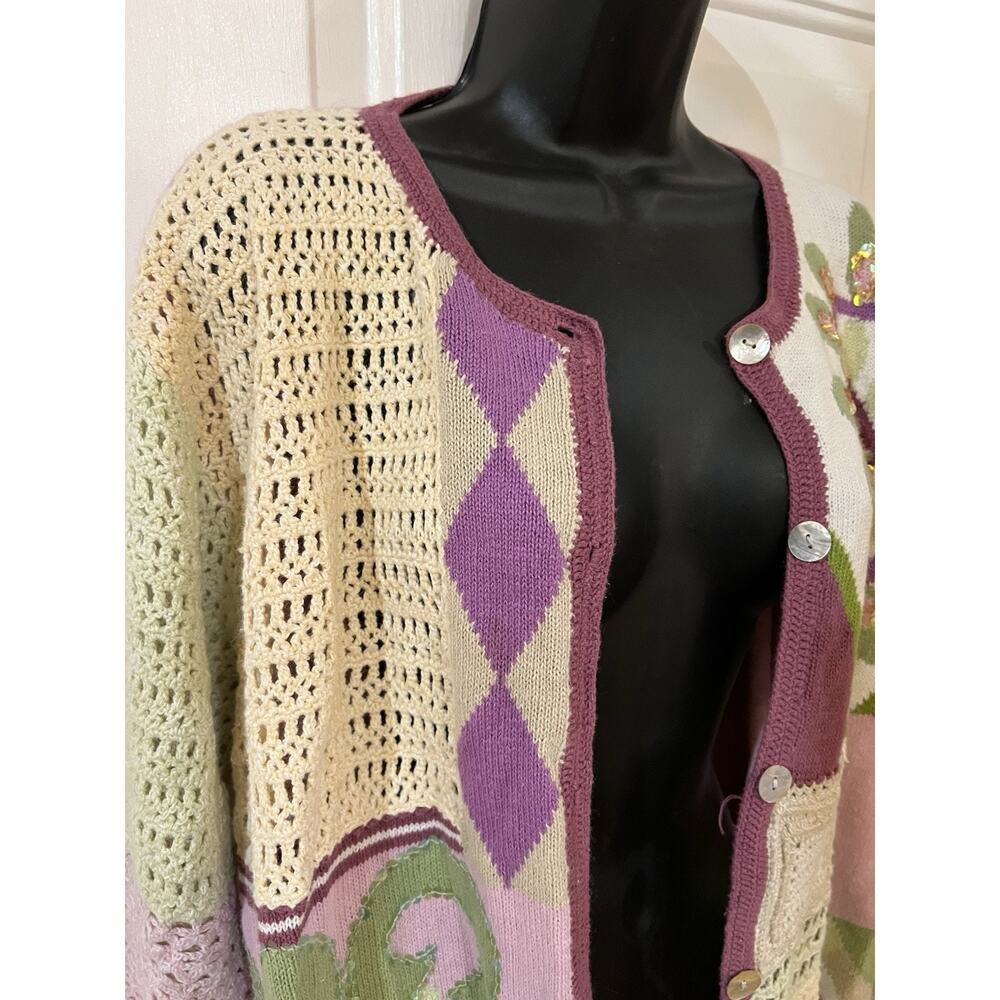 Vintage Storybook Knits Geometric Patchwork Cardigan Sweater XL Cottagecore - Picture 8 of 14